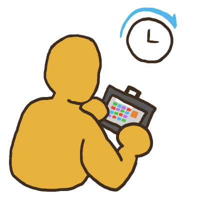 a yellow person holding an AAC device, facing away from the viewer. there is a clock above them with a blue arrow partway around the clock.